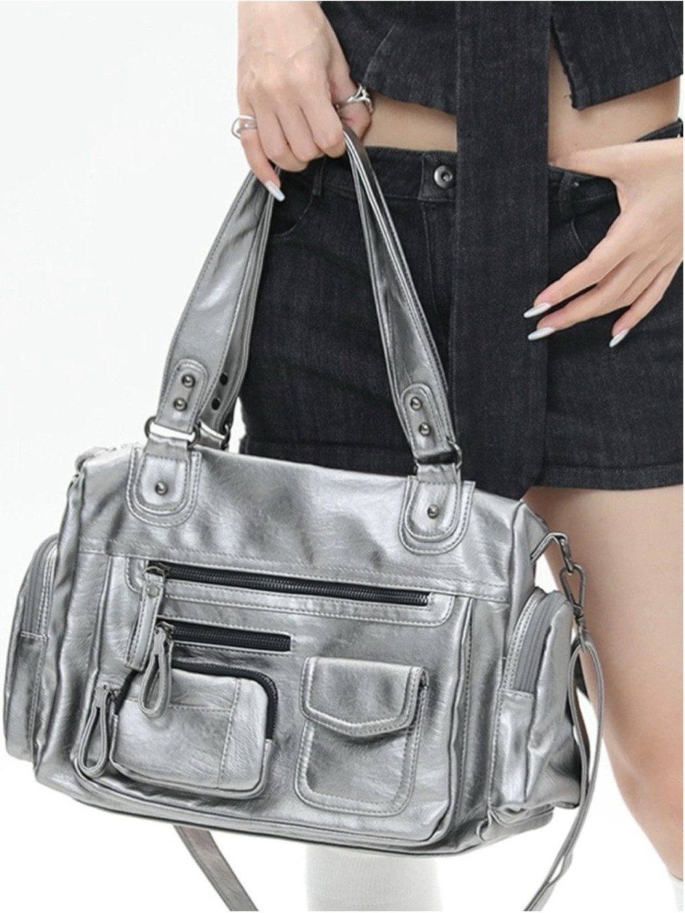 Y2K Metallic Silver Multi-Pocket Shoulder Bag/Crossbody Bag NWOT Futuristic